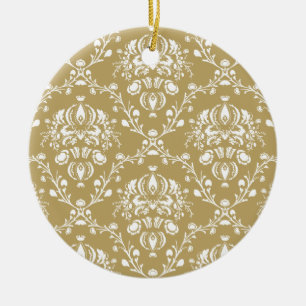 Cocoa and Cream Damask Ceramic Ornament