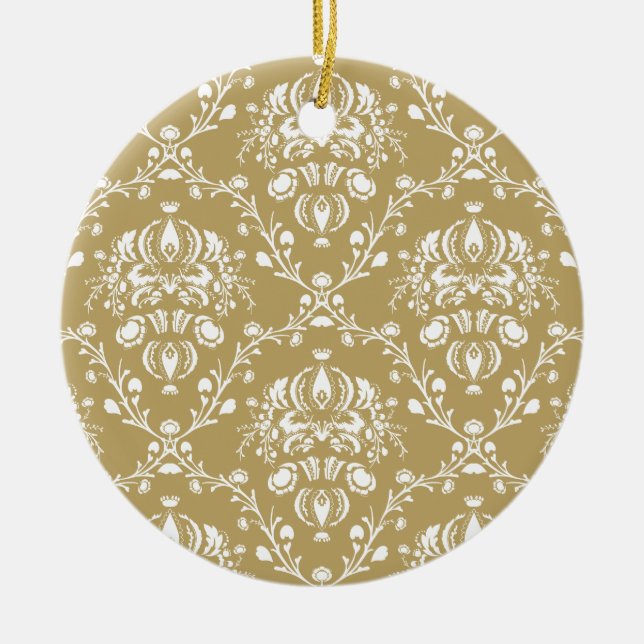 Cocoa and Cream Damask Ceramic Ornament (Front)