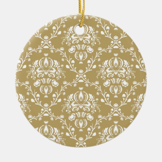 Cocoa and Cream Damask Ceramic Ornament (Front)