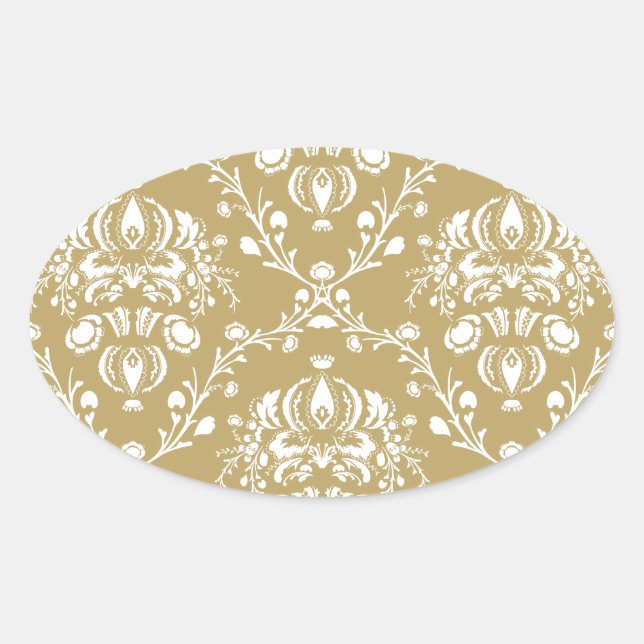 Cocoa and Cream Damask Oval Sticker (Front)