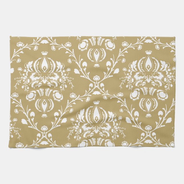 Cocoa and Cream Damask Tea Towel (Horizontal)