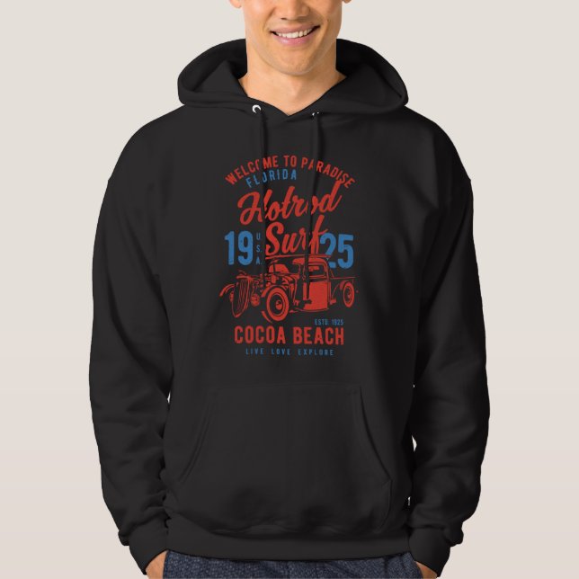 Cocoa Beach Florida Retro Hotrod Surf Distressed   Hoodie (Front)