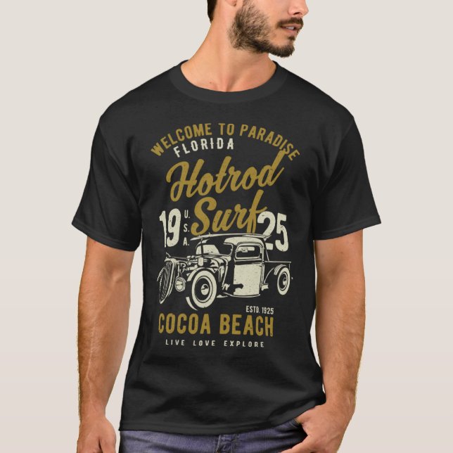 Cocoa Beach Florida Retro Hotrod Surf Distressed   T-Shirt (Front)