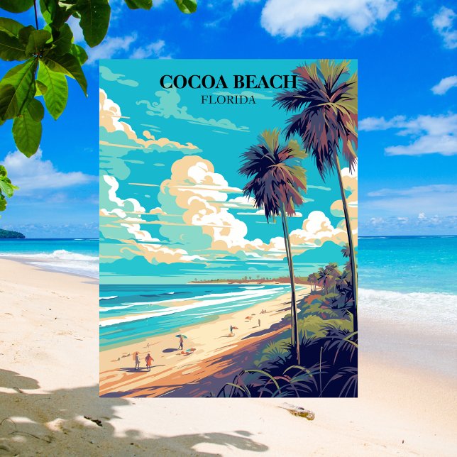 Cocoa Beach Florida Retro Palm Trees & Beach Postcard (Cocoa Beach Florida Travel Postcard)