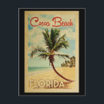 Cocoa Beach Palm Tree Vintage Travel Postcard<br><div class="desc">A uniquely retro mid-century modern Cocoa Beach Florida art print in vintage travel poster style. It features a curved palm tree on sandy beach with ocean under a blue cloudy sky.</div>