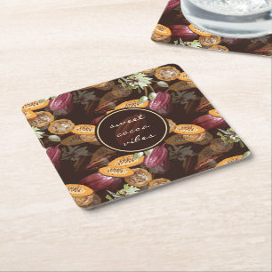 Cocoa Beans and Flowers, Chocolate Pattern Square Paper Coaster