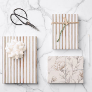 Cocoa Bow Brown Cream Stripes Bridal Shower Wrapping Paper Sheet