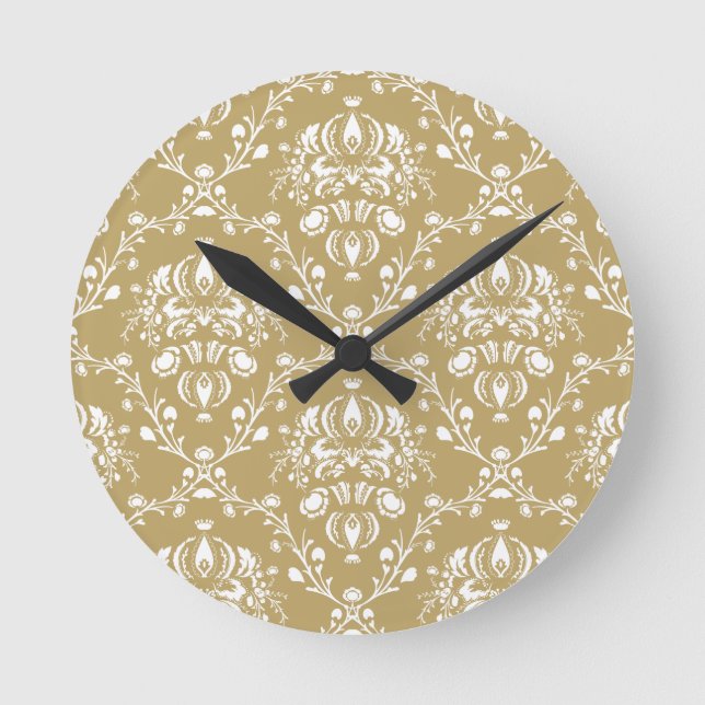 Cocoa Brown and Cream Damask Round Clock (Front)