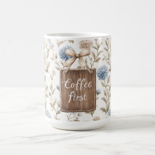 Cocoa Brown Cream Blue Flowers Coffee First   Mug (Center)