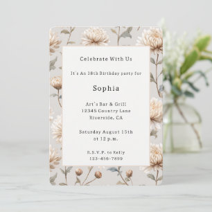 Cocoa Brown Cream Floral Birthday Invitation
