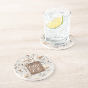 Cocoa Brown Cream Floral Coffee First   Coaster