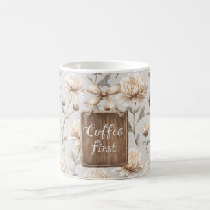 Cocoa Brown Cream Floral Coffee First Mug