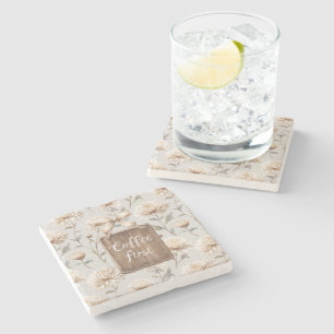 Cocoa Brown Cream Floral Coffee First   Stone Coaster