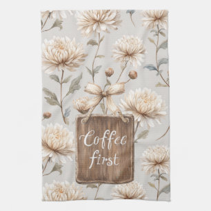 Cocoa Brown Cream Floral Coffee First   Tea Towel