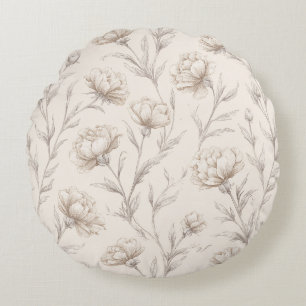 Cocoa Brown Cream Floral Round Cushion
