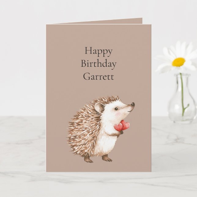 Cocoa Brown Cream Red Hearts Hedgehog Birthday Card (Small Plant)