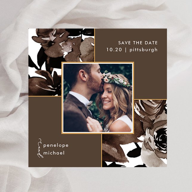 Cocoa Brown Floral Photo Wedding Save The Date (Creator Uploaded)