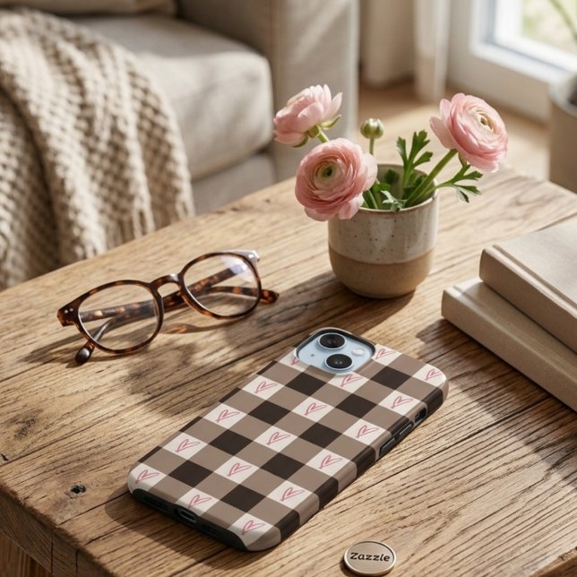 Cocoa Brown Heart Gingham Check Matte Case (Creator Uploaded)