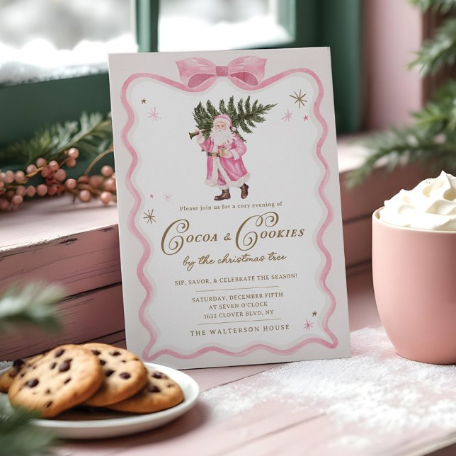 Cocoa & Cookies Christmas Party Retro Pink Santa Invitation (Cocoa & Cookies Christmas Party Retro Pink Santa Invitation)