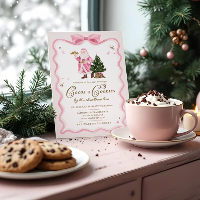 Cocoa & Cookies Christmas Party Retro Pink Santa Invitation (Cocoa & Cookies Christmas Party Retro Pink Santa Invitation)