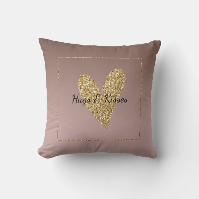 Cocoa Cream Brown Ombre Gold Glitter Heart Cushion (Front)