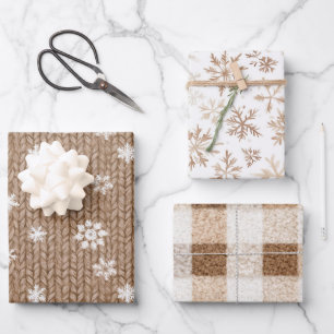 Cocoa Cream Snowflakes Plaid Stripes Christmas Wrapping Paper Sheet