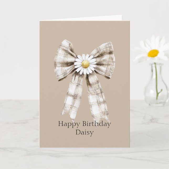 Cocoa Cream White Bow Daisy Flower Birthday Card (Small Plant)