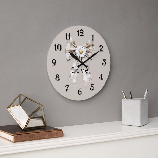 Cocoa Cream White Bow Daisy Flowers   Large Clock (Office)