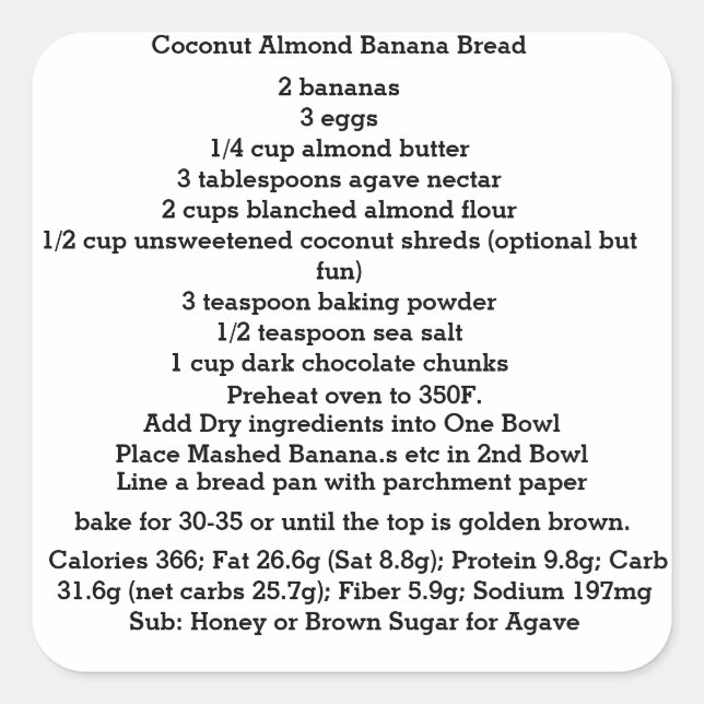 Coconut Almond Banana Bread Gluten Free Square Sticker (Front)