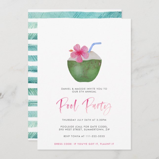 Coconut Cocktail Adults Tropical Pool Party Invitation (Front/Back)