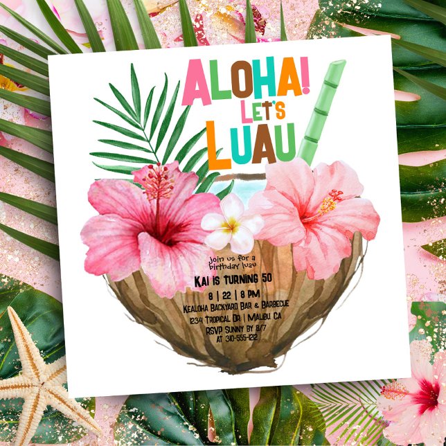 Coconut Cocktail Luau Birthday Tropical Hawaiian Invitation (Creator Uploaded)