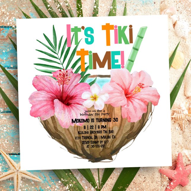 Coconut Cocktail Tropical Birthday Tiki Party Invitation (Creator Uploaded)