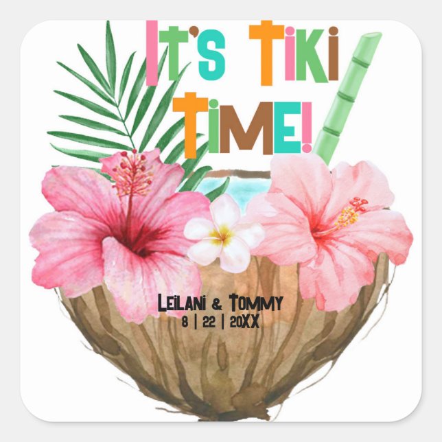 Coconut Cocktail Tropical Tiki Couples Shower Square Sticker (Front)