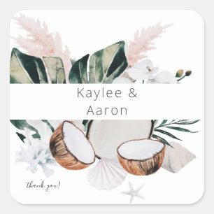 Coconut Coral & White Floral Thank You Square Sticker