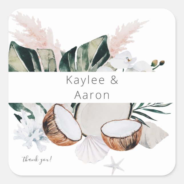 Coconut Coral & White Floral Thank You Square Sticker (Front)