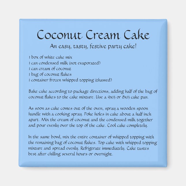 Coconut Cream Cake Recipe on a Magnet (Front)