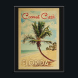 Coconut Creek Palm Tree Vintage Travel Postcard<br><div class="desc">A uniquely retro mid-century modern Coconut Creek Florida art print in vintage travel poster style. It features a curved palm tree on sandy beach with ocean under a blue cloudy sky.</div>