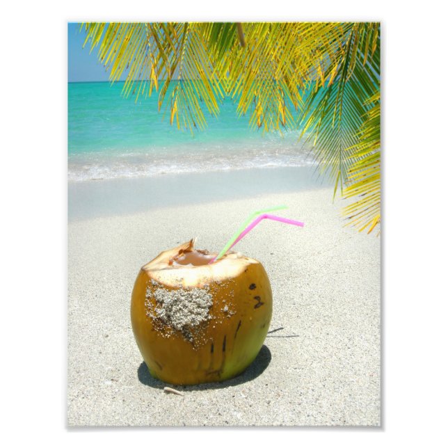 Coconut drink on tropical beach with palm leaves photo print (Front)