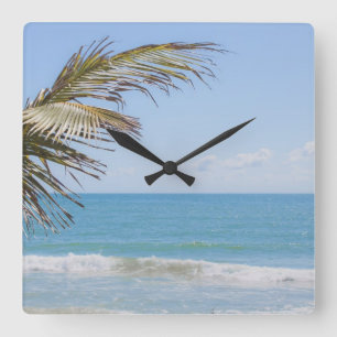 Coconut Palm and Blue Sea Beach Photography Square Wall Clock