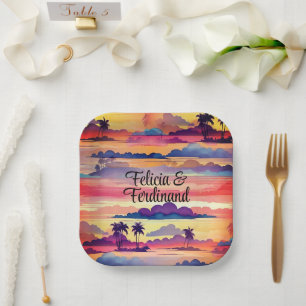 Coconut Palm Tree Colorful Coastal Sunset Paper Plate