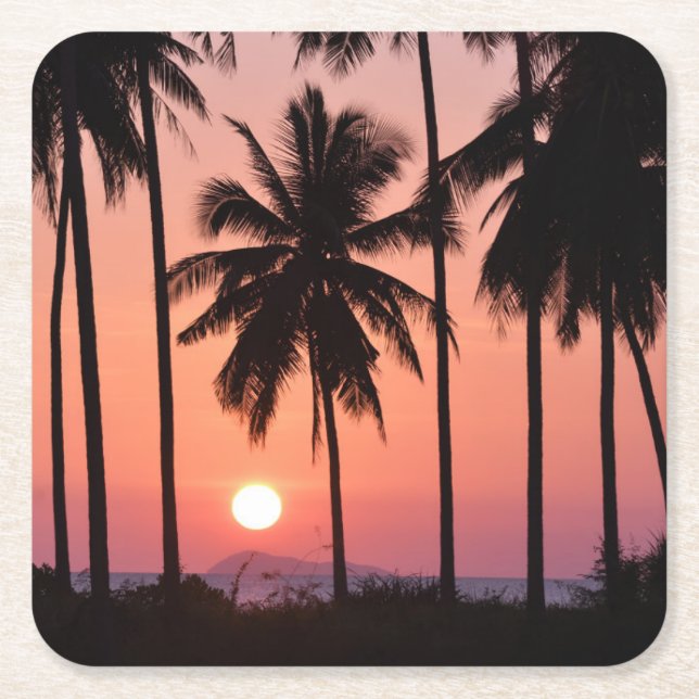 Coconut Palm Tree Landscape Square Paper Coaster (Front)