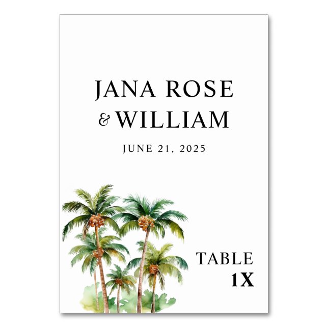 Coconut Palm Tree Tropical Watercolor Table Number (Front)