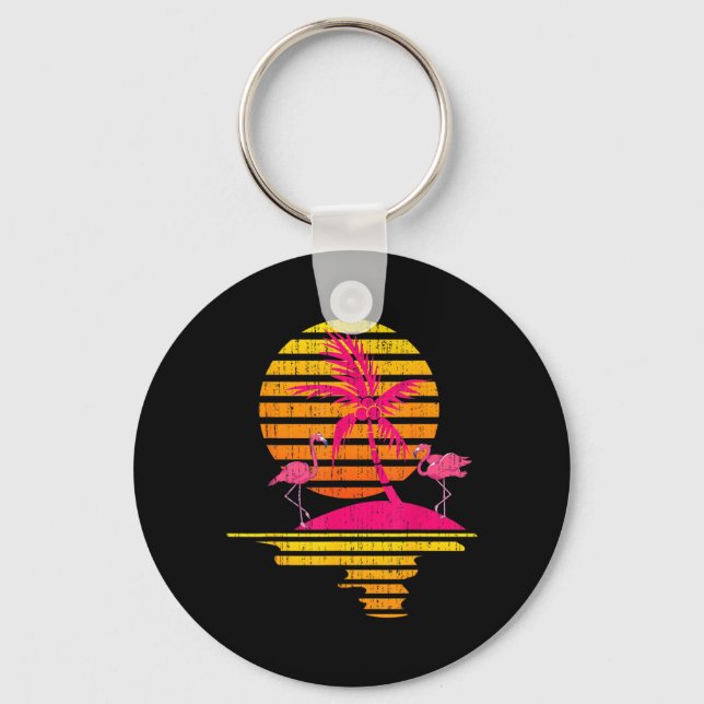 Coconut Palm Trees Pink Flamingo Sunset Tropical Key Ring (Front)