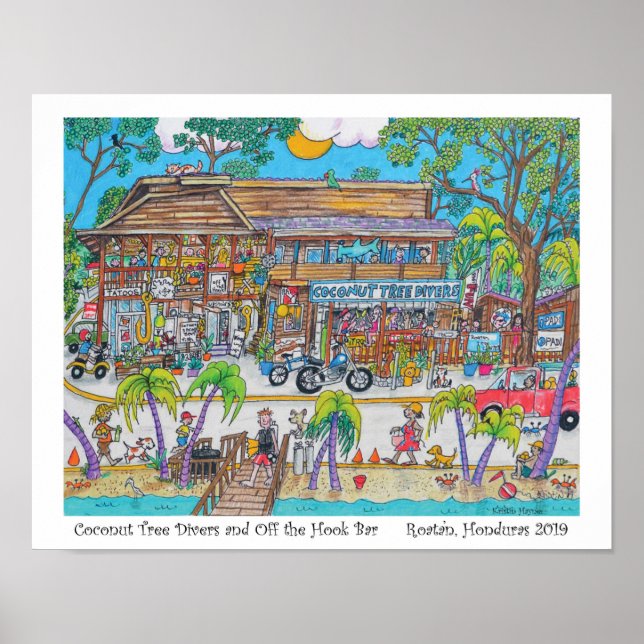 Coconut Tree Divers and Off the Hook Bar,  Roatan Poster (Front)