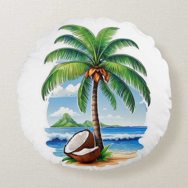 Coconut Tree Tropical Island Round Cushion (Front)