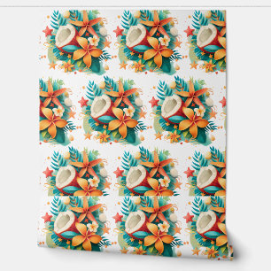 Coconut with Flowers and Shells Wallpaper