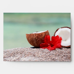 Coconut with tropical flower on exotic coast envelope