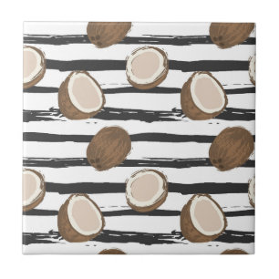 Coconuts on Grunge Stripes Pattern Ceramic Tile