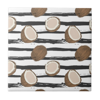 Coconuts on Grunge Stripes Pattern Ceramic Tile