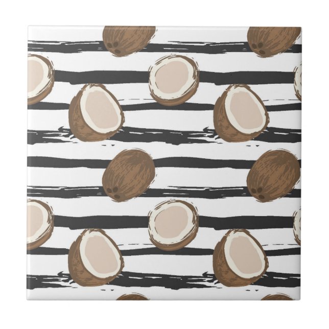 Coconuts on Grunge Stripes Pattern Ceramic Tile (Front)